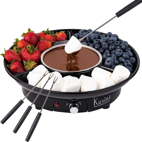 Kusini Electric Fondue Pot Set - Chocolate Fondue Kit with Temperature Control, Detachable Trays, 4 Roasting Forks