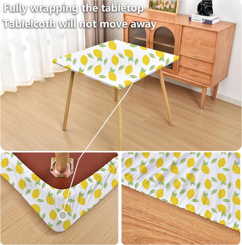 Summer 42x42 inch Yellow Lemon Fitted Tablecloth with Elastic for Square Folding Tables Washable Stretchy Spandex Card