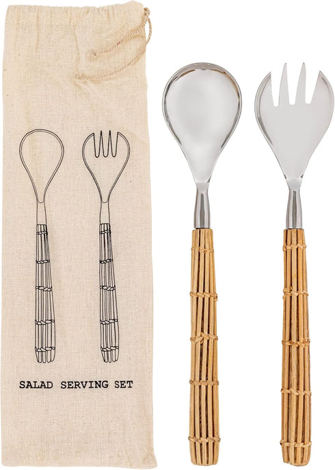 Creative Co-Op Stainless Steel Rattan Wrapped Handles, Set of 2 Styles Salad Servers, Natural