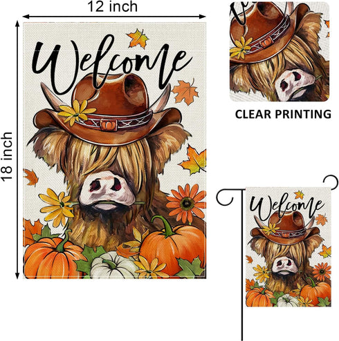Welcome Fall Highland Cow Decorative Garden Flag, Autumn Farm Animal Pumpkin Maple Leaves Yard Outside Decorations, Thanksgiving Farmhouse Rustic Outdoor Small Home Decor Double Sided 12 x 18