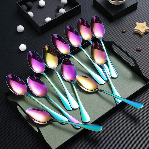 Berglander Rainbow Dinner Spoon Set of 12, 7.5" Stainless Steel Titanium Plating, Dishwasher Safe