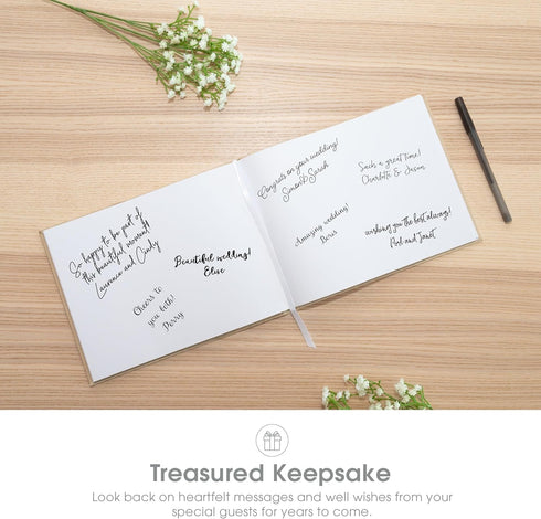 Pearhead Linen Wedding Guest Book with White Script - Classic Elegant Wedding Decor, 100 Pages, 7"x9", Beige Burlap,