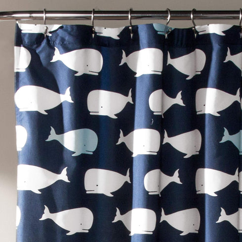 Lush Decor Whale Shower Curtain, Fabric Ocean Fish Animal Print Design for Kids, 72" x 72", Navy