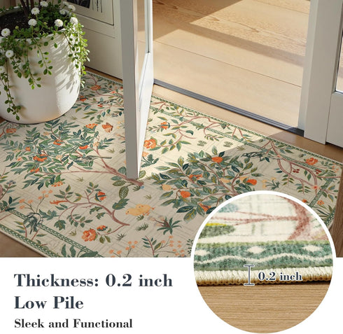 Lanffia 5x7 Botanical Washable Area Rug, Soft Whimsical Non Slip Rugs for Nursery, Beige Tree Plant Indoor Floor Throw