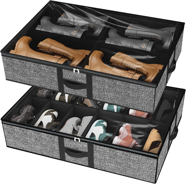 homyfort Under the Bed Shoe Organizer, Fits 12 Pairs & 4 Pairs Boots, Set of 2, Sturdy & Breathable Materials