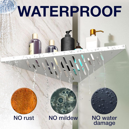 iReef way 16" Bathroom Corner Shelves for Shower - Adhesive / Stick / Drill / No Drill - Strong White Floating Corner