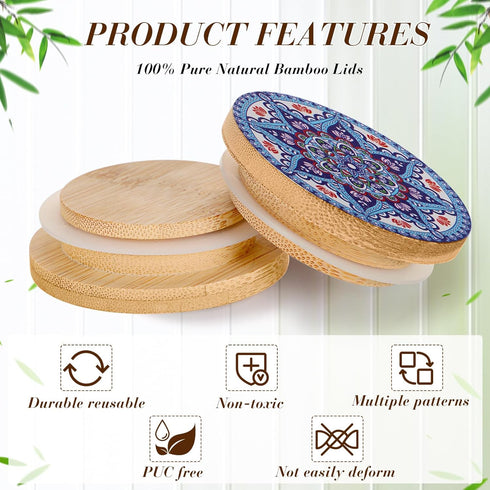 12 12 Jars(2.64 Inches) Uiifan Pcs Yogurt Jar Lids Reusable Bamboo Wooden Mandala Pattern Lids Compatible with Oui