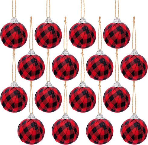 Deloky 16Pcs Buffalo Plaid Fabric Ball - 2.16 Inch Small Christmas Fabric Wrapped Balls for Tree Decoration