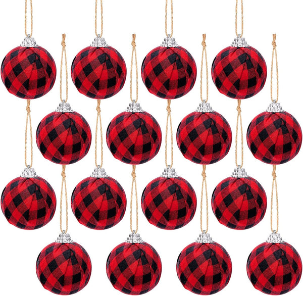 Deloky 16Pcs Buffalo Plaid Fabric Ball - 2.16 Inch Small Christmas Fabric Wrapped Balls for Tree Decoration