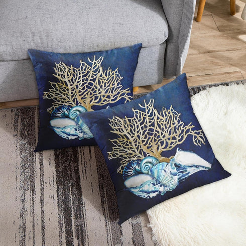 Emvency Throw Pillow Cover, Blue Seashore Indigo Ocean Coral Seashells, 20 x 20 Inch Decorative Pillow Case