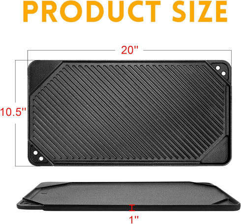 GGC Cast Iron Reversible Griddle, Double-sided Griddle Pan for Indoor and Outdoor Cooking, 20 x 10.5