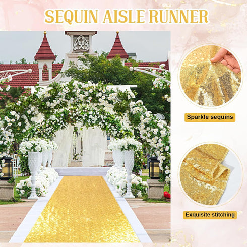 Wedding Aisle Runner 2FTx15FT Gold Sequin Carpet for Indoor Outdoor Engagement Ceremony Decoration, Sparkly Runner Rug