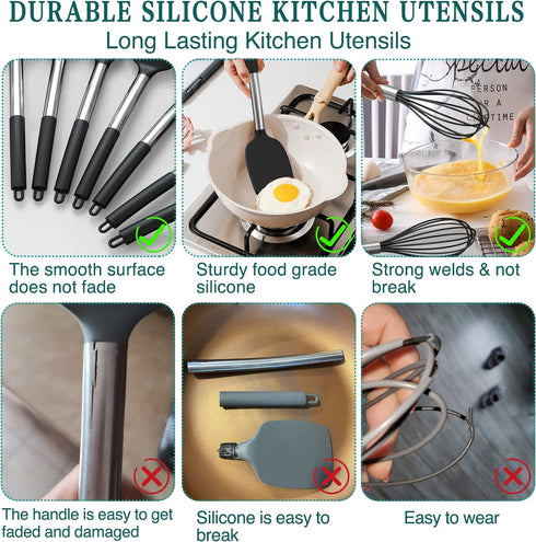 Silicone Cooking Utensil Set, Umite Chef 15pcs Non-stick Kitchen Utensils Set, Best Cookware with Stainless Steel