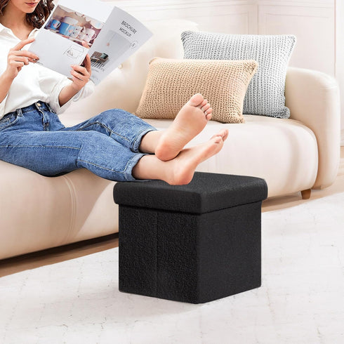 Black,12.6"x12.6"x12.6" PINPLUS Storage Ottoman Cube Square Shaped Ottomans with Storage Foot Stool Footrest for Lving