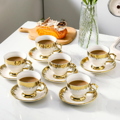 Set 6, 7 oz LETAOTAO Tea Cups and Saucers of Ceramic Turkish Coffee Cup With Gold Trim for Cappuccino, Latte, Mocha, Au