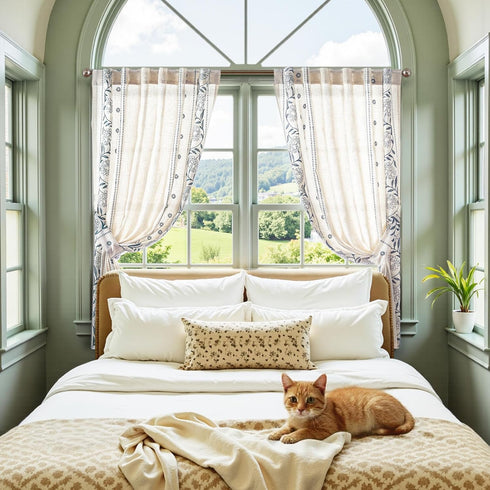 jinchan 54 Inch 2 Winslow Linen Curtains Length Small Window Curtains Embroidered Bordered Floral Drapes Light