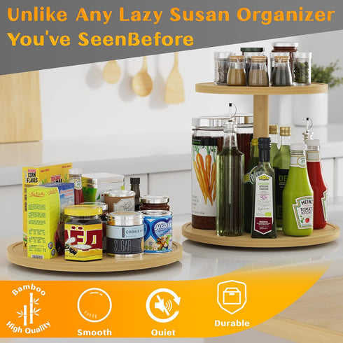 Lazy Susan Organizer - 9 Inch Non-Skid Bamboo Rotating Spice Rack for Kitchen Countertop Organizer