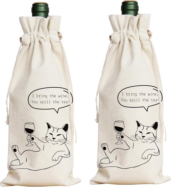 PurpleEssences Wine Gift Bag Reusable - Natural Cotton Linen Bottle Cover for