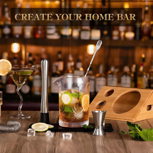 6 Set 18oz Set Cocktail Mixing Glass, veecom Piece Crystal Bar Mixing Glass Bartender with Bamboo Stand, Old Fashioned
