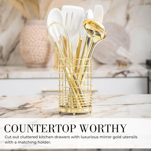 Set 7-Piece White Silicone and Gold Cooking Utensils with Gold Utensil Holder - Silicone Cooking Tools - Ideal