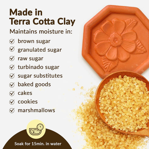 JBK Pottery Terracotta Brown Sugar Saver Handmade Terra Cotta Keeper with Decorative Flower Discs Food-Safe, Made