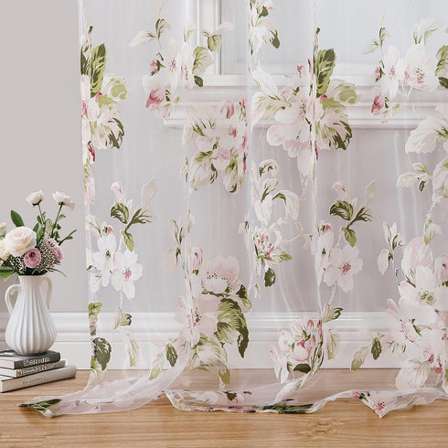 BROSHAN Pink Floral Sheer Curtains 78 Inches Long - Pretty Flower Print Bedroom Curtain Sheers, 2 Panels Set