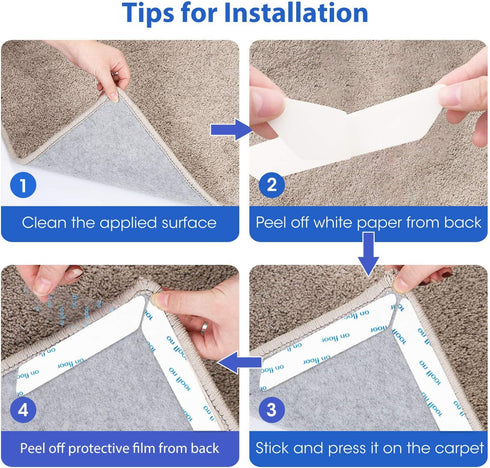 Rug Tape, 16 Pcs Dual Sided Washable Removable Rug Stopper, Non-Slip Adhesive for Hardwood Floors