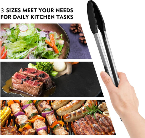 HOTEC Premium Stainless Steel Locking Kitchen Tongs, Set of 3 Sizes (7", 9", 12"), Black