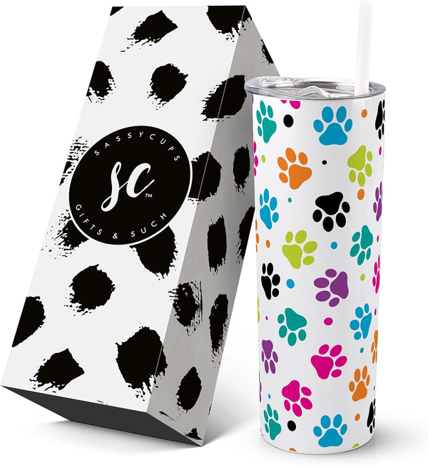 SassyCups 20 oz Vacuum Insulated Stainless Steel Tumbler with Dog Paw Print, Includes Straw and Lid