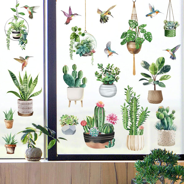 wondever Hanging Potted Plant Window Clings, Tropical Botanical Cactus Hummingbirds Glass Sticker Decals