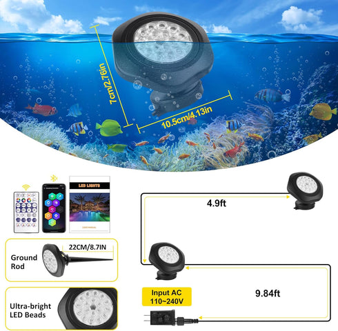 IP68 (Set 2) T-SUN Color Changing Pond Lights LED Underwater APP and Remote Control Submersible Fountain Lights