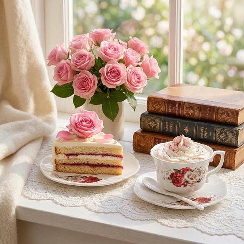 Set 6, 6 oz Set, Foraineam Tea Cup and Saucer of Porcelain Ivory Rose Tea Cups with Saucers and Spoons, Floral Coffee