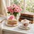 Set 6, 6 oz Set, Foraineam Tea Cup and Saucer of Porcelain Ivory Rose Tea Cups with Saucers and Spoons, Floral Coffee