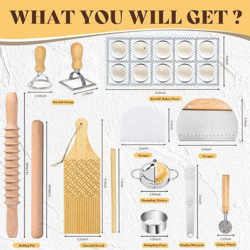 Krbnk Tools,13PCS Pasta Making Wood Pasta Making Kit with Pasta Rolling Pin,Ravioli Mold,Ravioli Cutter,Gnocchi