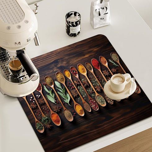 Kitchen Spices Dish Drying Mat - Delicious Spices Art Absorbent Dish Drying Mat for Kitchen Counter, Coffee Bar Mat, Coffee Maker Mat for Countertops, Dish Rack Drainer Mat,JL-GZD