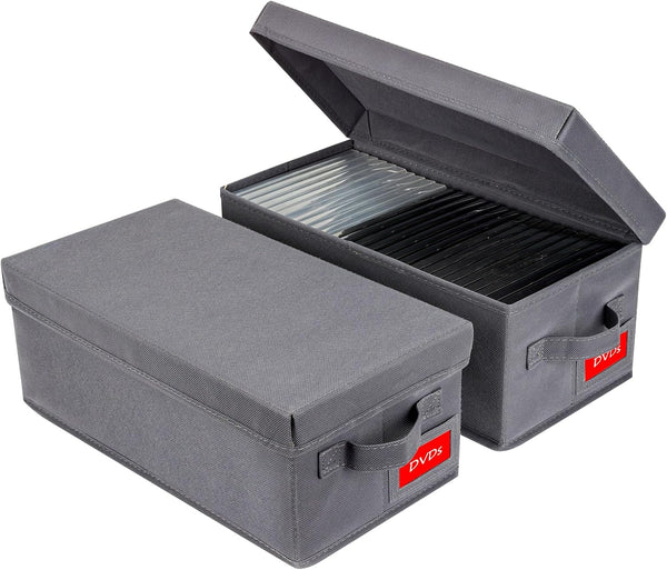 Upgrades DVD Storage Box, Stackable DVD Organizer with Lid, 2 Pack DVD Holder, Holds 50 DVDs, Grey