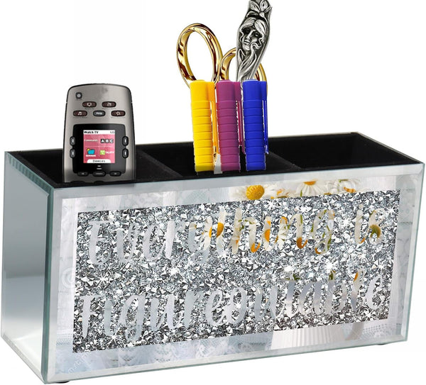 Silver Mirror Crystal Diamond Desktop Pen Organizer Box, 3 Compartment Multi-Use Storage for Office Decor