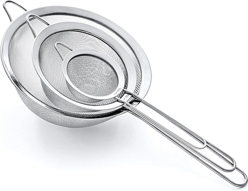 Premium 304 Stainless Steel Strainer Set, Fine Mesh, 8 , 5.5 , and 3.3 Sturdy Kitchen Strainers (Silver)