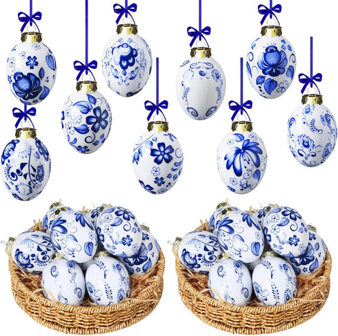 Funtery 9 Pcs Chinoiserie Porcelain Blue and White Easter Egg Hanging Pendants