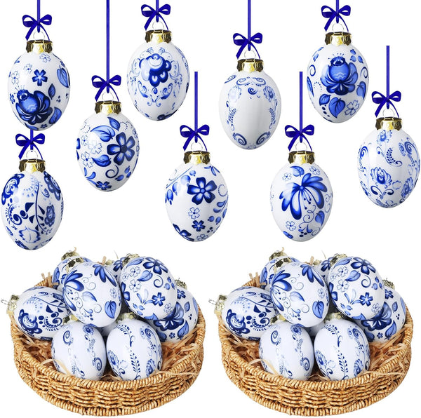 Funtery 9 Pcs Chinoiserie Porcelain Blue and White Easter Egg Hanging Pendants