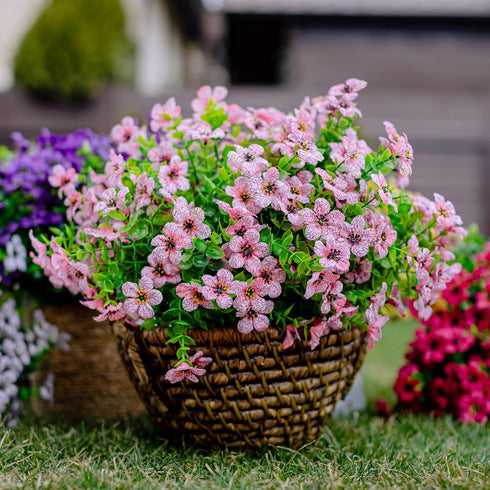 Artificial Flowers for Outdoors, 16 Bundles Faux Boxwood Greenery, No Fade Plastic Shrubs for Home Garden Decor (Pink)