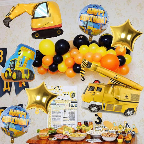 Teslite 4th 9Pcs 40 Inch 4 Bulldozer Set 4 Construction Balloons Birthday, Gold Number Balloons with Large Excavator