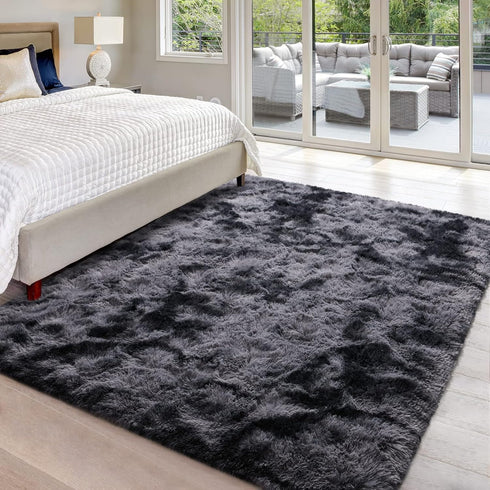Hutha 6x9 Large Area Rugs for Living Room, Super Soft Fluffy Modern Bedroom Rug, Tie-Dyed Dark Grey Indoor Shag Fuzzy