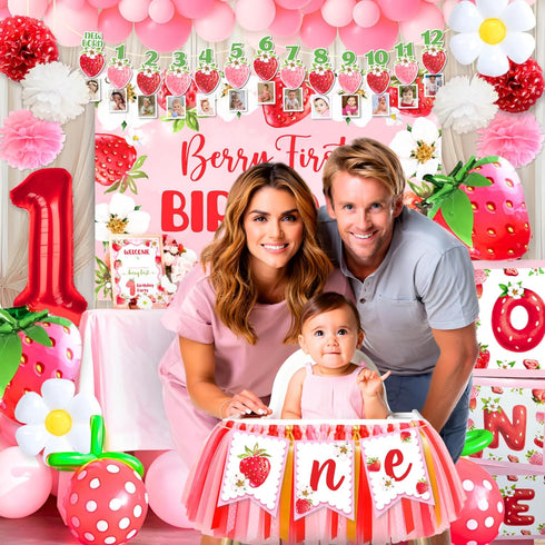 Set 1st RainMeadow Premium Berry First Birthday Decorations - Strawberry Birthday Decorations Girl with Banner