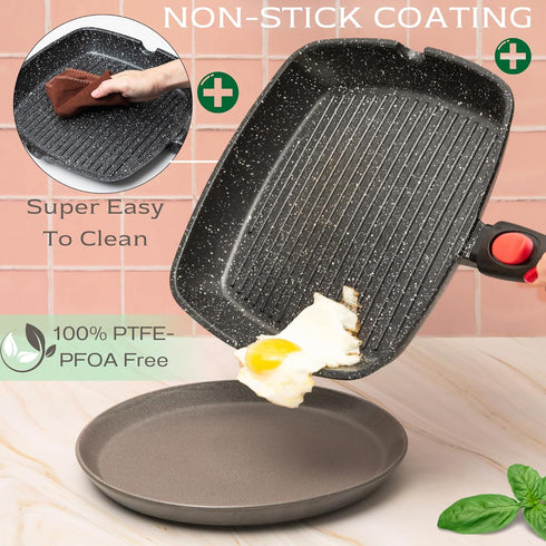 Moss & Stone 11In Square Grill Pan, Nonstick Die Casting Aluminum, Removable Handle for Indoor Cooking, Meats &