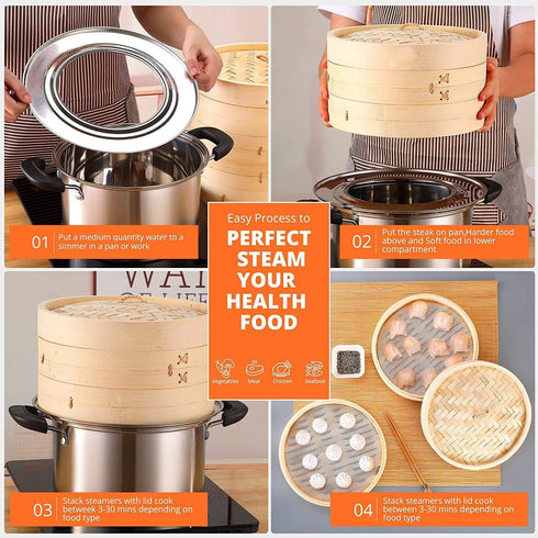 Handmade 8 Inch Bamboo Steamer Basket with Reusable Cotton Liners, 2 Tier Traditional Dumpling Food Steamer