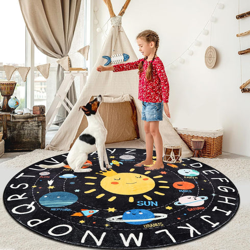 Rug,4 Round ABC Kids Ft Soft Circle Alphabet Playroom Rug,Washable Non-Slip Solar System Kid Play mat,Space Educational