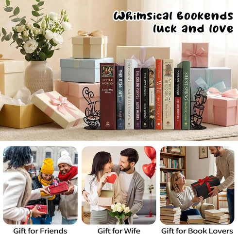 ENCIMART Metal Bookends Creative Coffee Bookends Decorative Cute Kitchen Book Ends for Shelves Bookshelf Home Office