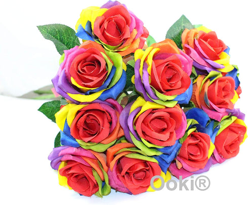 Ooki 12 Long Stem Artificial Silk Rainbow Rose Flower Bush Bouquet for Home Decor