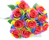 Ooki 12 Long Stem Artificial Silk Rainbow Rose Flower Bush Bouquet for Home Decor
